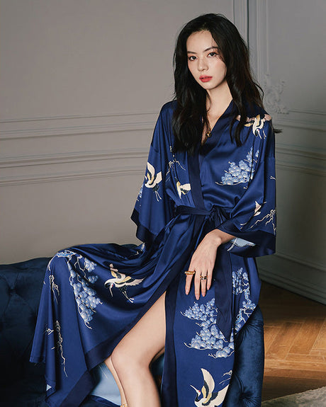 Silk Kimono Robe  Japanese Crane Print Navy Blue - Product showcase