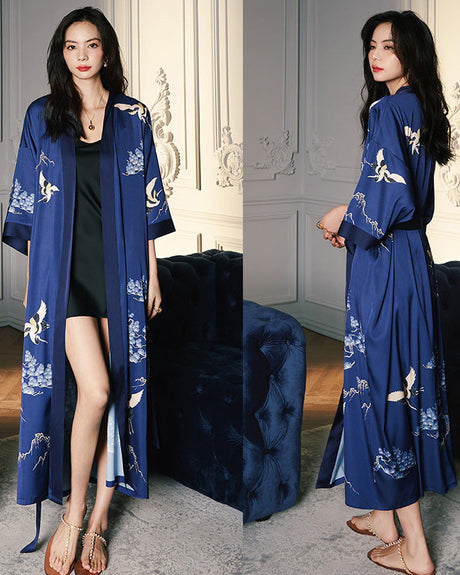 Silk Kimono Robe  Japanese Crane Print Navy Blue - Detailed view