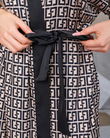 Geometric Print Satin Robe  Black White Pattern With Belt - Product detail 5