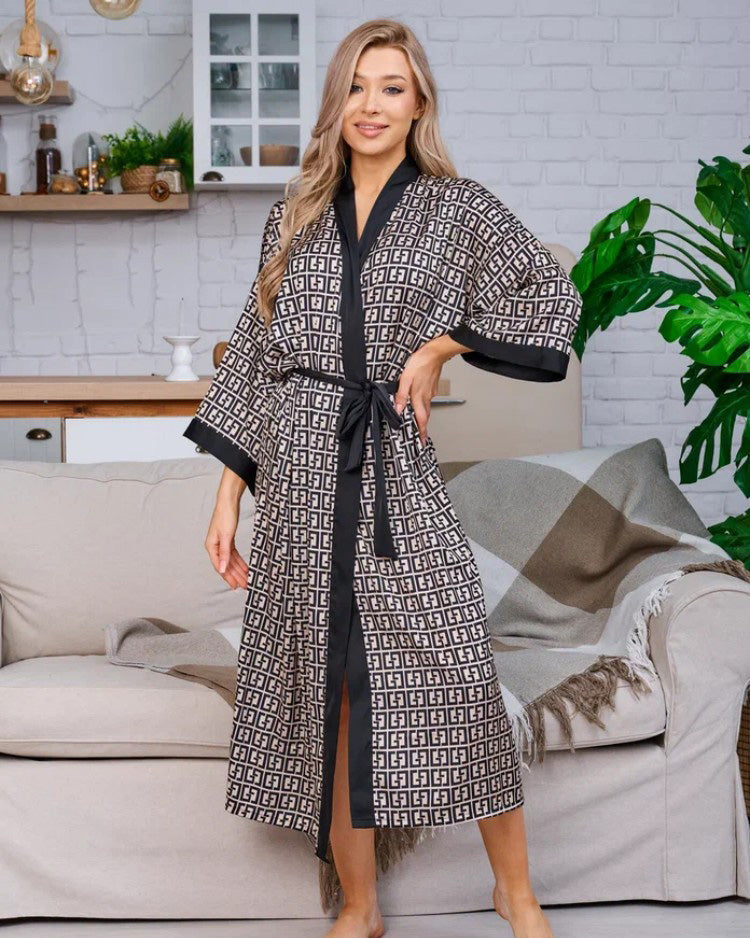 Geometric Print Satin Robe  Black White Pattern With Belt - Product detail 4