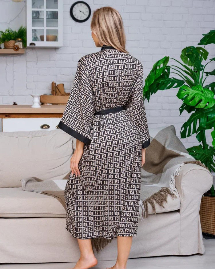 Geometric Print Satin Robe  Black White Pattern With Belt - Detailed view