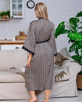 Geometric Print Satin Robe  Black White Pattern With Belt - Detailed view