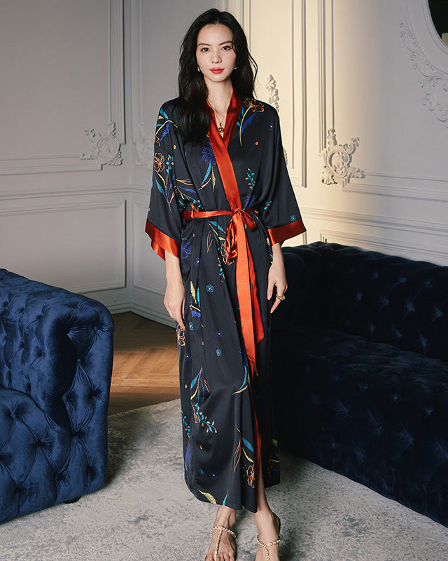 Sarmin Robe Floral Satin Robe Navy Blue With Coral Trim - Product showcase