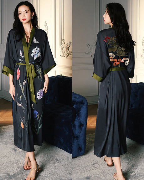 Floral Silk Robe  Oriental Kimono Style With Green Trim - Detailed view