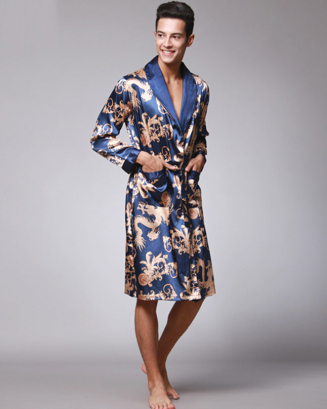 Luxury Silk Robe For Men  Navy Blue Oriental Pattern - Product showcase
