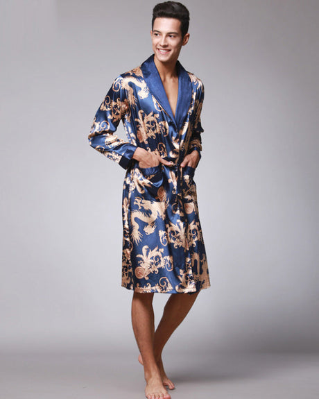 Luxury Silk Robe For Men  Navy Blue Oriental Pattern - Product showcase