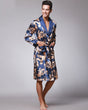 Luxury Silk Robe For Men  Navy Blue Oriental Pattern - Product showcase