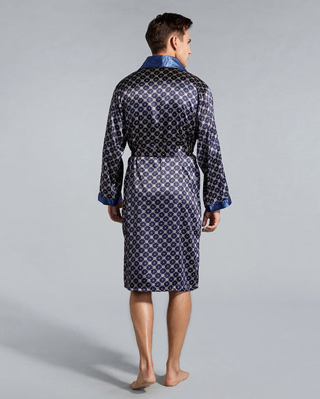Luxury Mens Robe  Navy Geometric Satin Kimono - Product detail 4