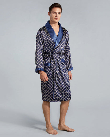 Luxury Mens Robe  Navy Geometric Satin Kimono - Product showcase