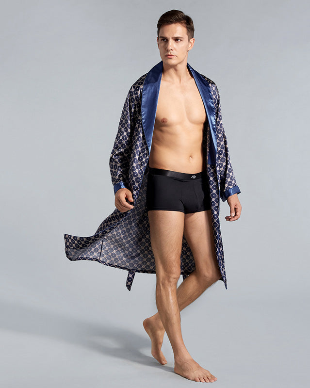 Luxury Mens Robe  Navy Geometric Satin Kimono - Detailed view