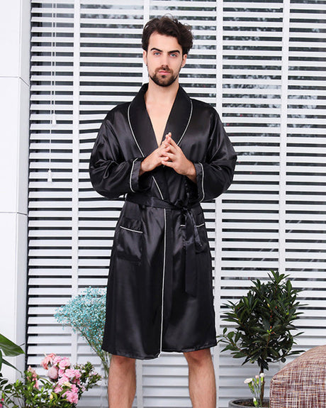Mens Satin Bathrobe  Black With White Piping Trim - Product showcase