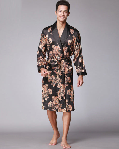 Luxury Silk Robe  Black With Copper Paisley Pattern - Product showcase