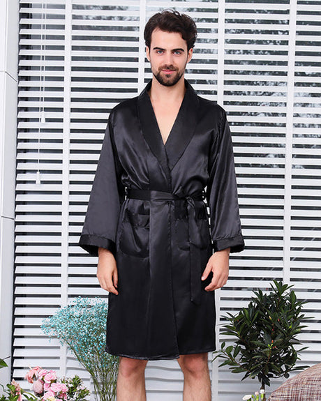 Mens Satin Robe  Classic Black Kimono Style - Product showcase