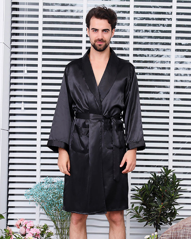 Mens Satin Robe  Classic Black Kimono Style - Product showcase
