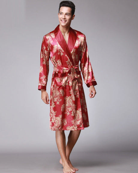 Luxury Satin Robe  Gold Paisley Pattern On Red - Product showcase