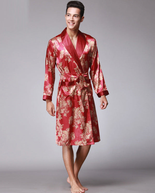 Luxury Satin Robe  Gold Paisley Pattern On Red - Product showcase