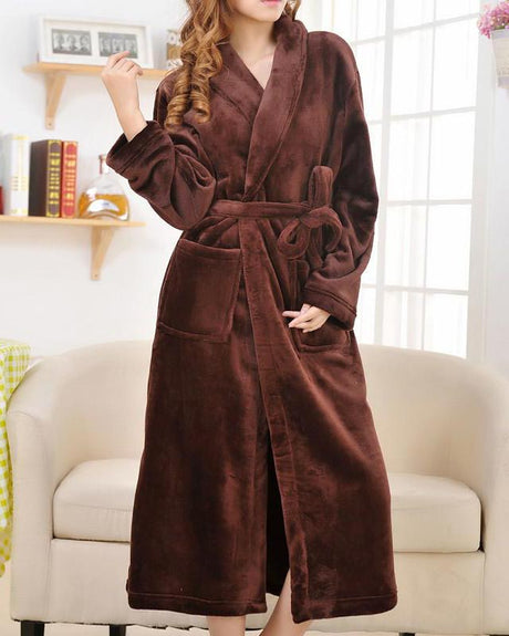 Plush Bathrobe Long  Soft Brown Fleece Womens Loungewear - Product showcase