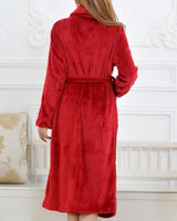 Plush Long Bathrobe  Luxurious Red Fleece with Belt - Detailed view