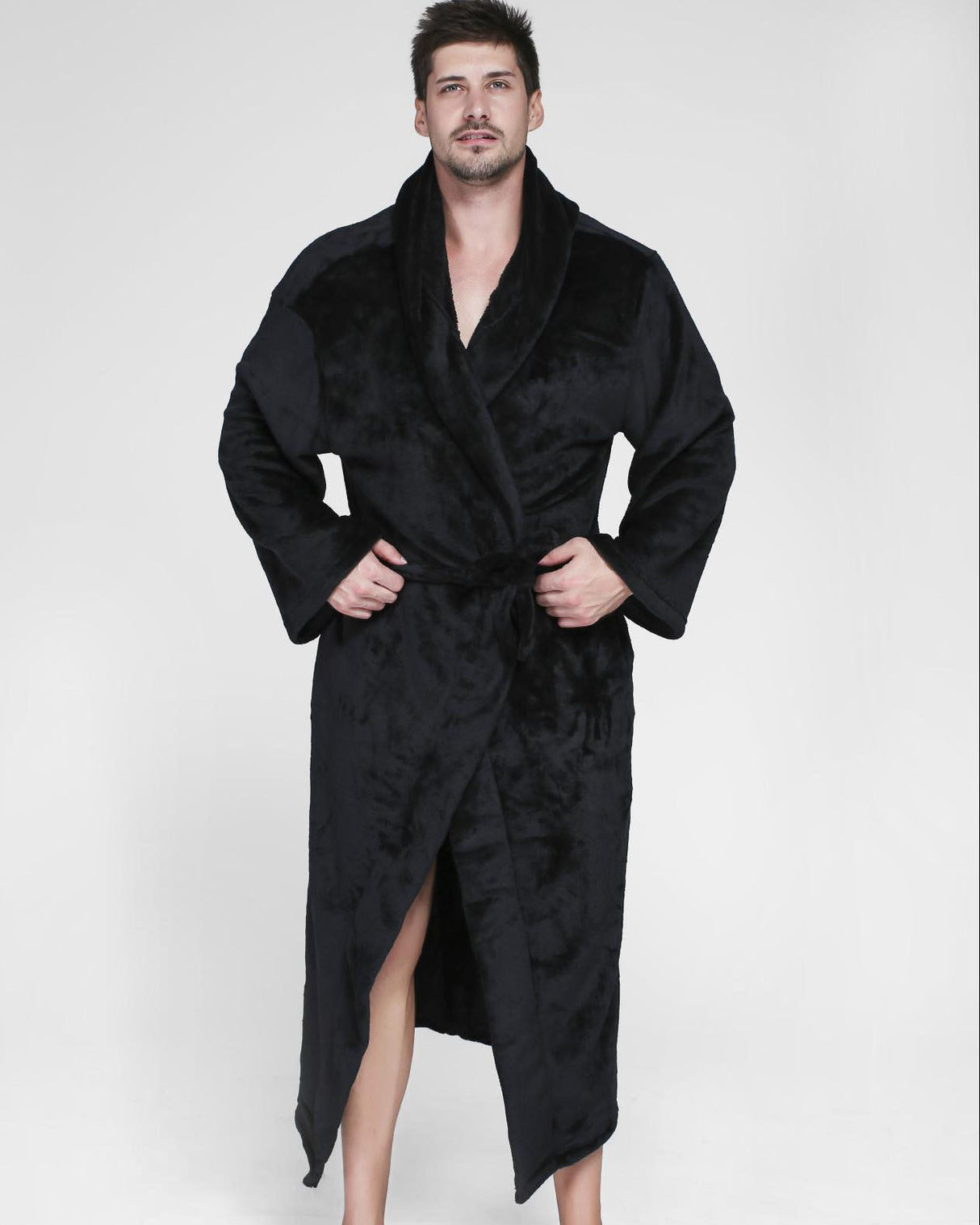 Luxury Mens Bathrobe  Full Length Black Velour Kimono - Product showcase