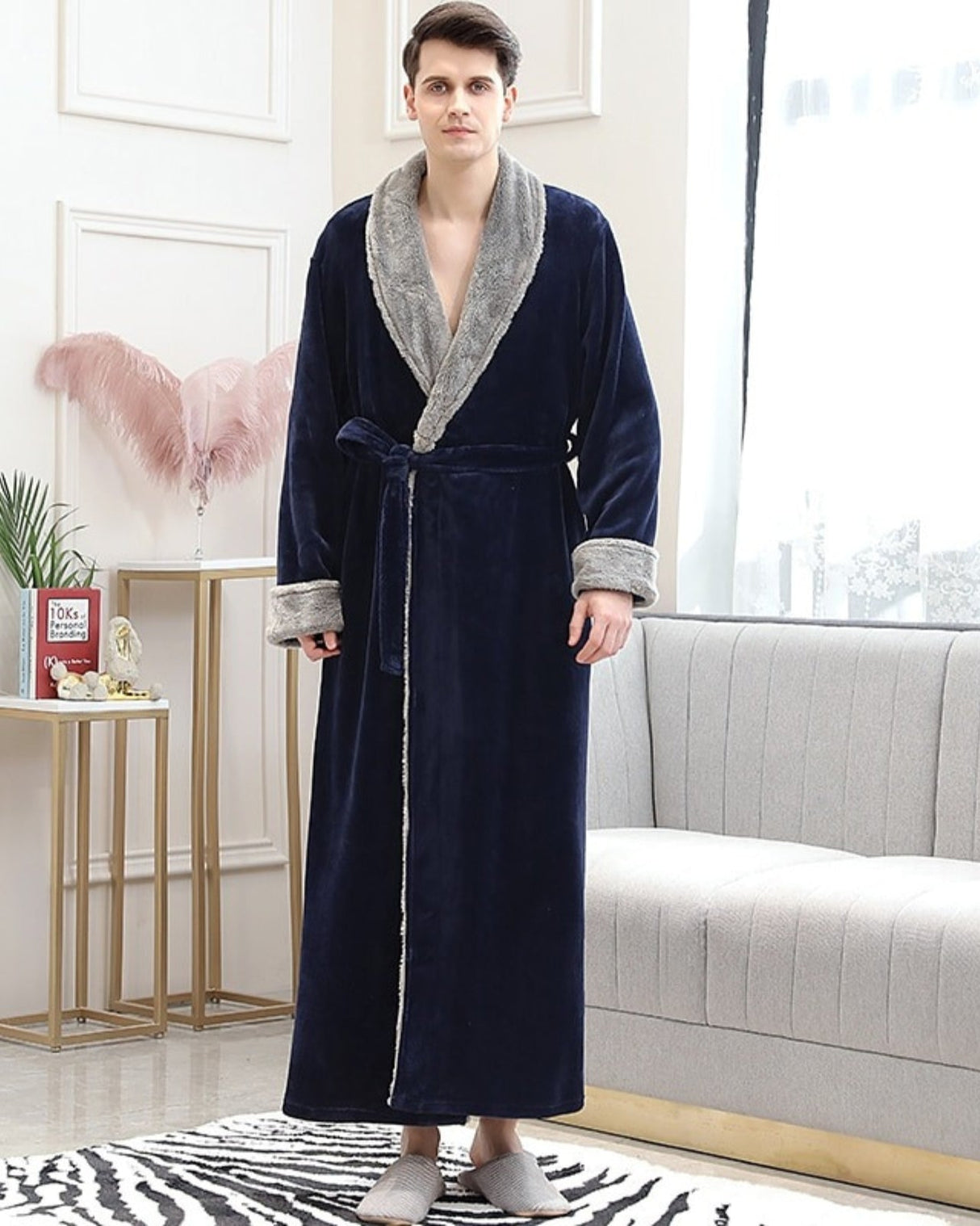 Luxury Mens Robe  Navy Velvet With Plush Gray Trim - Product showcase