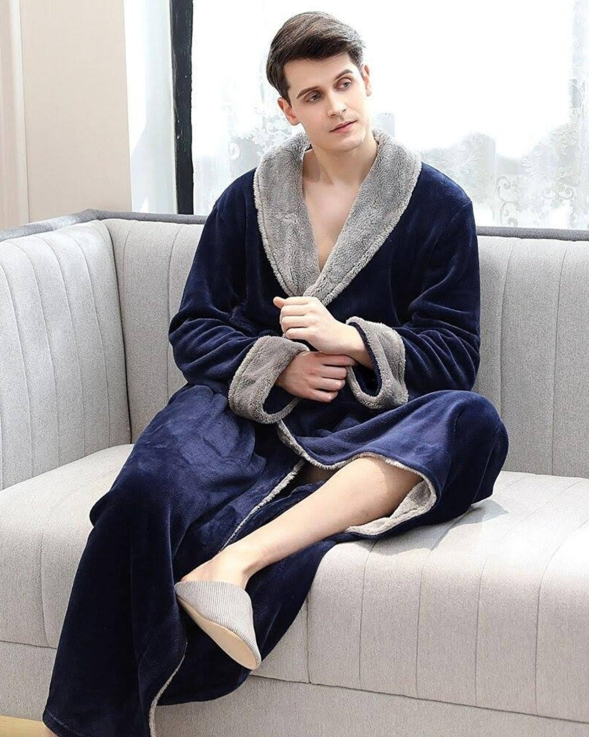 Luxury Mens Robe  Navy Velvet With Plush Gray Trim - Detailed view