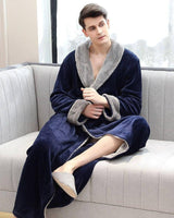 Luxury Mens Robe  Navy Velvet With Plush Gray Trim - Detailed view