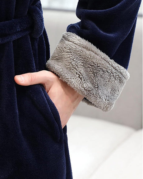 Luxury Mens Robe  Navy Velvet With Plush Gray Trim - Product detail 4
