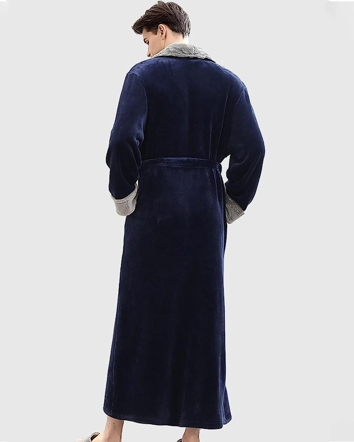 Luxury Mens Robe  Navy Velvet With Plush Gray Trim - Product example