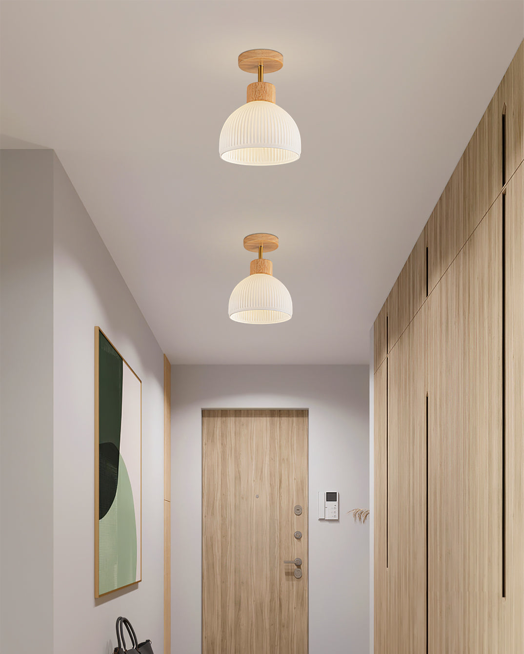 Scandinavian Ceiling Light  Wood and Glass Dome Design - Product example