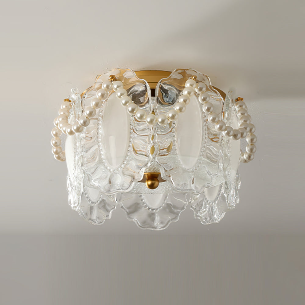 Floral Glass Ceiling Light  Pearl Trimmed Crystal Petals - Detailed view