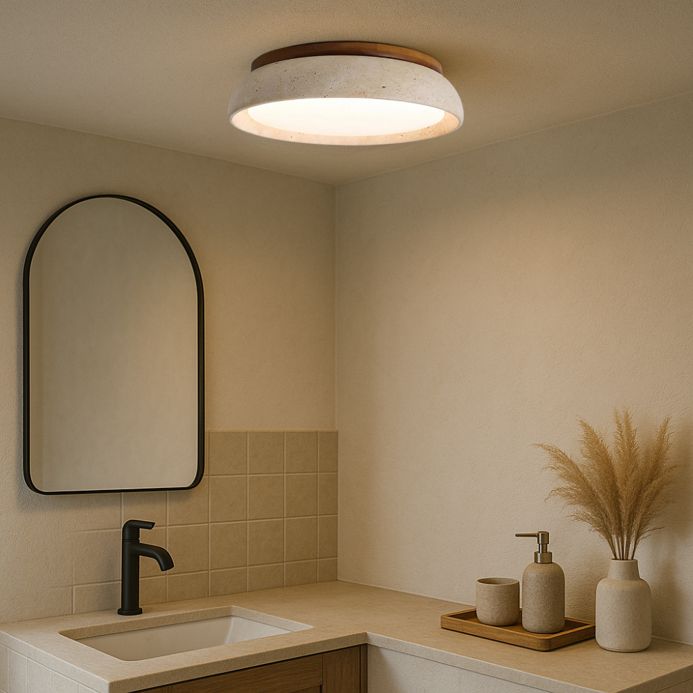 Travertine Ceiling Light  Natural Stone Wood Accent Design - Product showcase