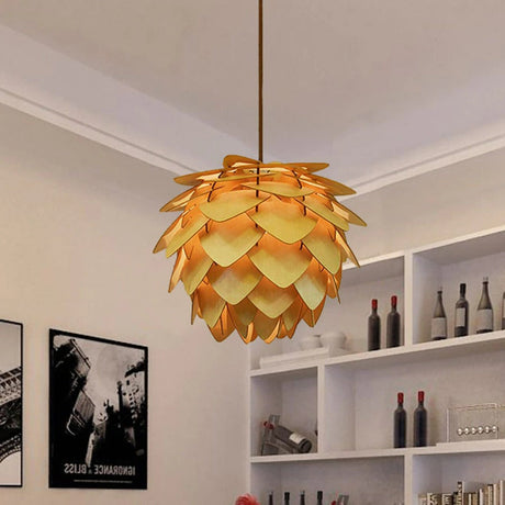 Wooden Pine Cone Pendant Light  Rustic Natural Finish - Product showcase