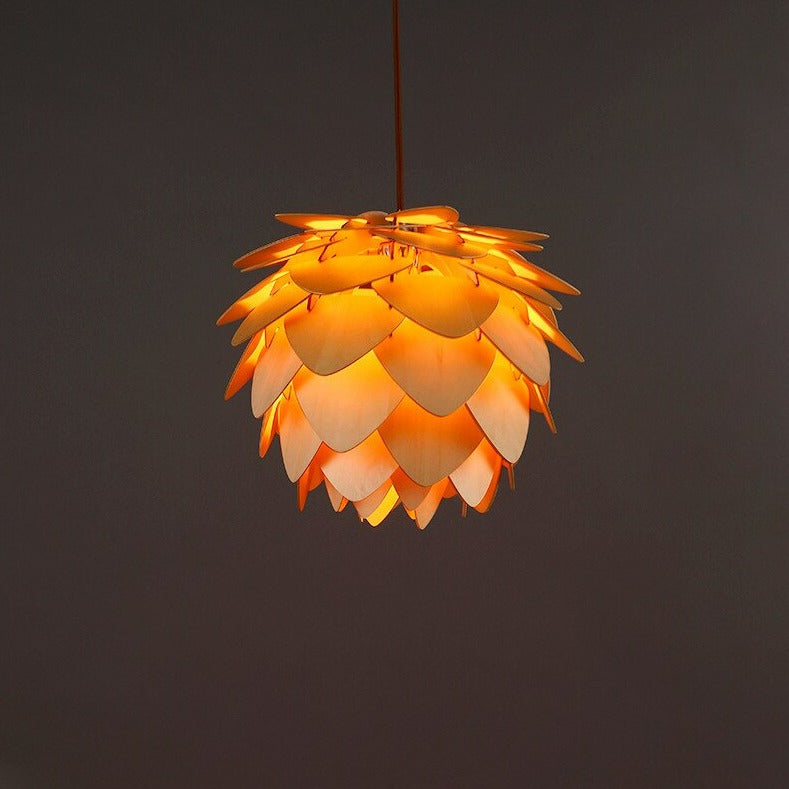 Pine Cone Pendant Light  Rustic Wood Layered Shade Design - Detailed view