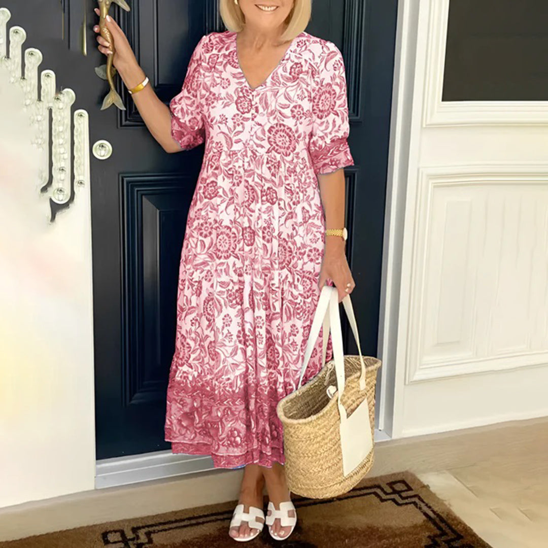 Floral Maxi Dress  Blue and White V-Neck Pattern - Detailed view