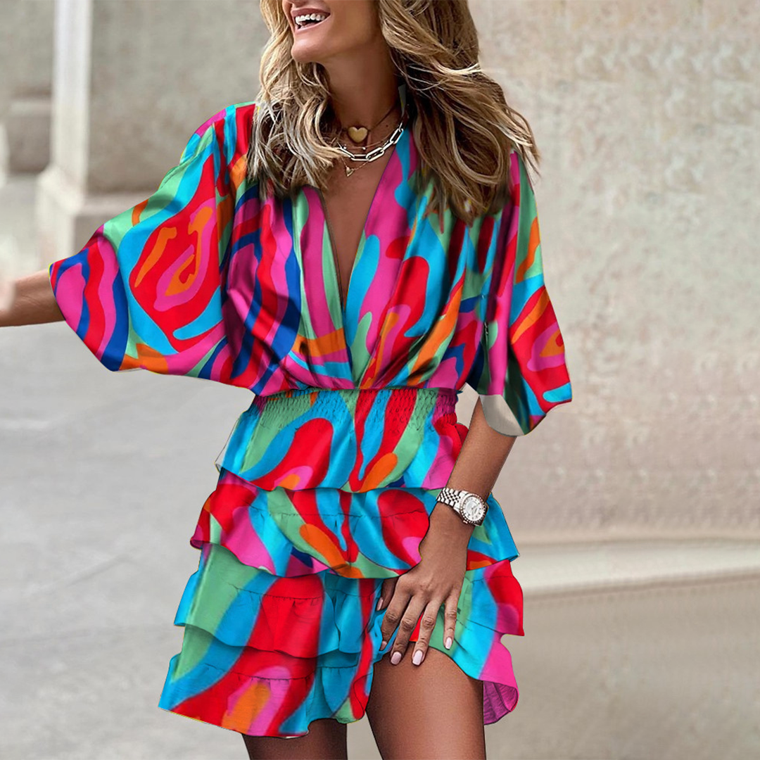 Tropical Print Mini Dress  Black and Beige Palm Leaf Pattern - Product detail 12
