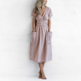 Linen Summer Midi Dress  V-Neck Empire Waist Design - Product detail 6