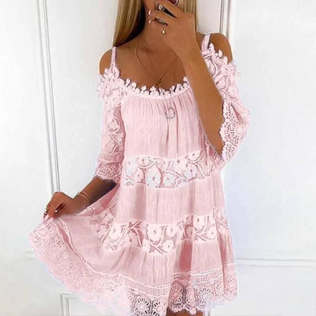 Boho Cotton Mini Dress  Lace Embroidered Cold Shoulder Design - Product example