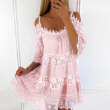 Boho Cotton Mini Dress  Lace Embroidered Cold Shoulder Design - Product example