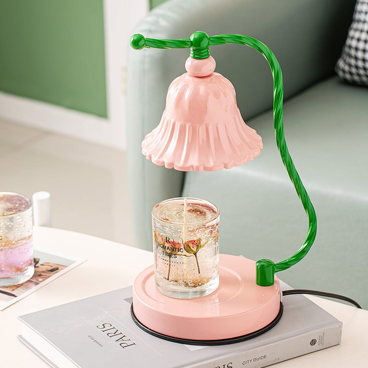 Floral Glass Table Lamp  Pink Bell Shade Design - Product detail 19