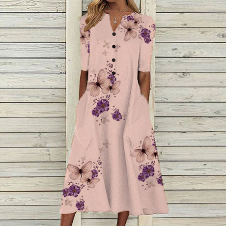 Butterfly Floral Midi Dress  White Cotton Blend With Purple Accents - Product detail 7