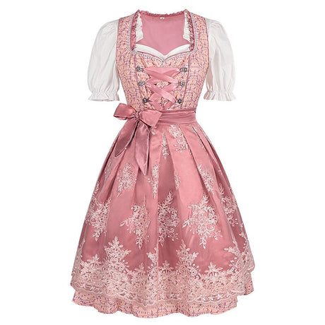 Traditional Dirndl Dress  Pink Floral Embroidered With White Blouse - Product showcase