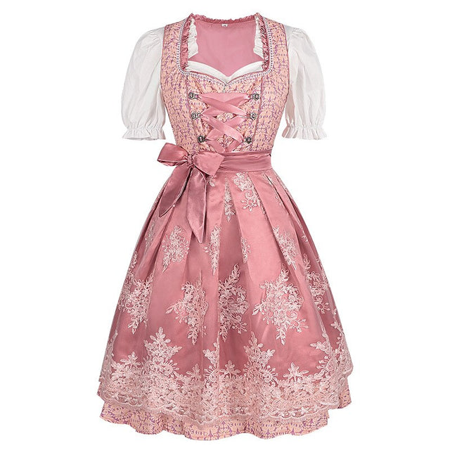 Traditional Dirndl Dress  Pink Floral Embroidered With White Blouse - Product showcase