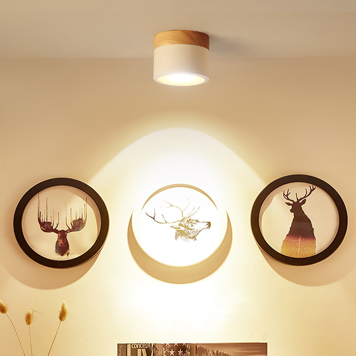 Nordic Ceiling Spotlight  Wood and White Metal Design - Detailed view