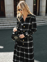 Plaid Wool Blend Trench Coat  Black  White Check Pattern with Belt - Product showcase