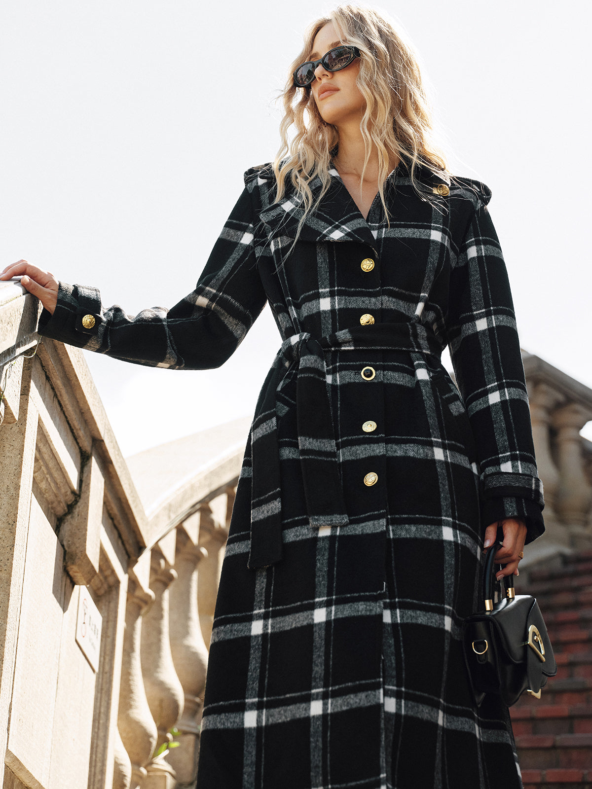 Plaid Wool Blend Trench Coat  Black  White Check Pattern with Belt - Detailed view