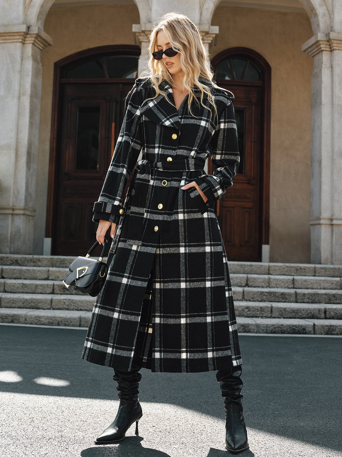 Plaid Wool Blend Trench Coat  Black  White Check Pattern with Belt - Product detail 4