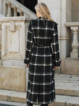 Plaid Wool Blend Trench Coat  Black  White Check Pattern with Belt - Product detail 5