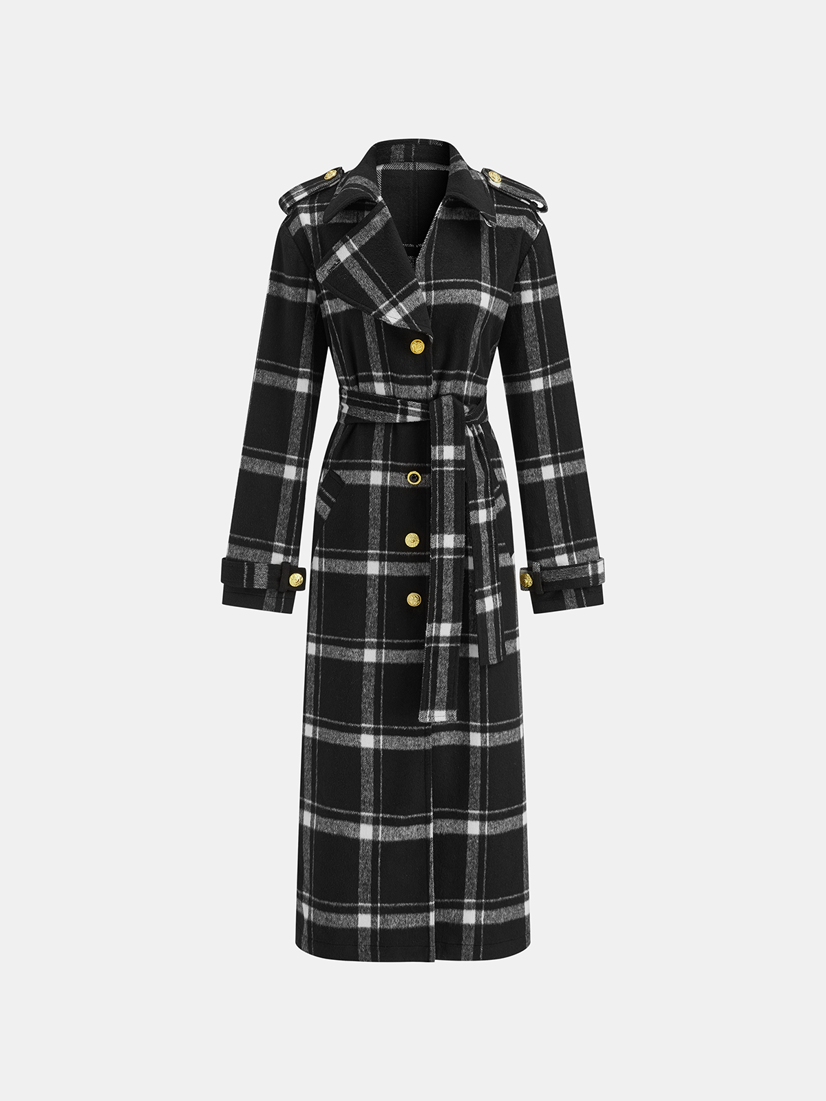 Plaid Wool Blend Trench Coat  Black  White Check Pattern with Belt - Product detail 8