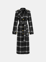 Plaid Wool Blend Trench Coat  Black  White Check Pattern with Belt - Product detail 8