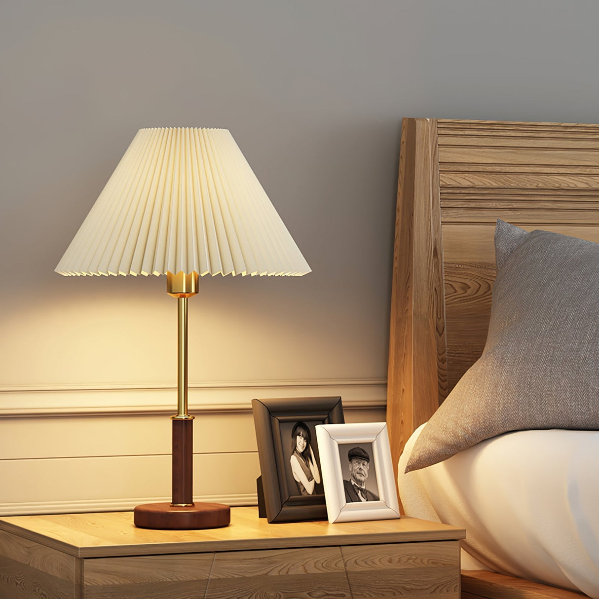 Mid-Century Table Lamp  Pleated Linen Shade with Gold  Walnut Base - Product detail 4